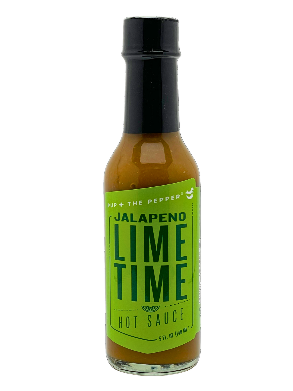 Pup & The Pepper Hot Sauce Bottle with Green Label Jalapeno Lime Time