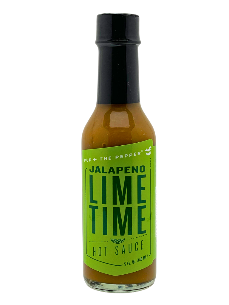 Pup & The Pepper Hot Sauce Bottle with Green Label Jalapeno Lime Time