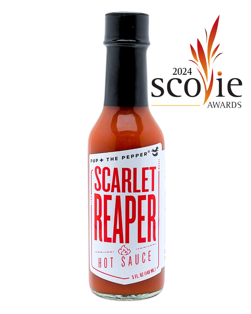 Pup & the Pepper Hot Sauce Bottle with White Label Scarlet Reaper Hot Sauce