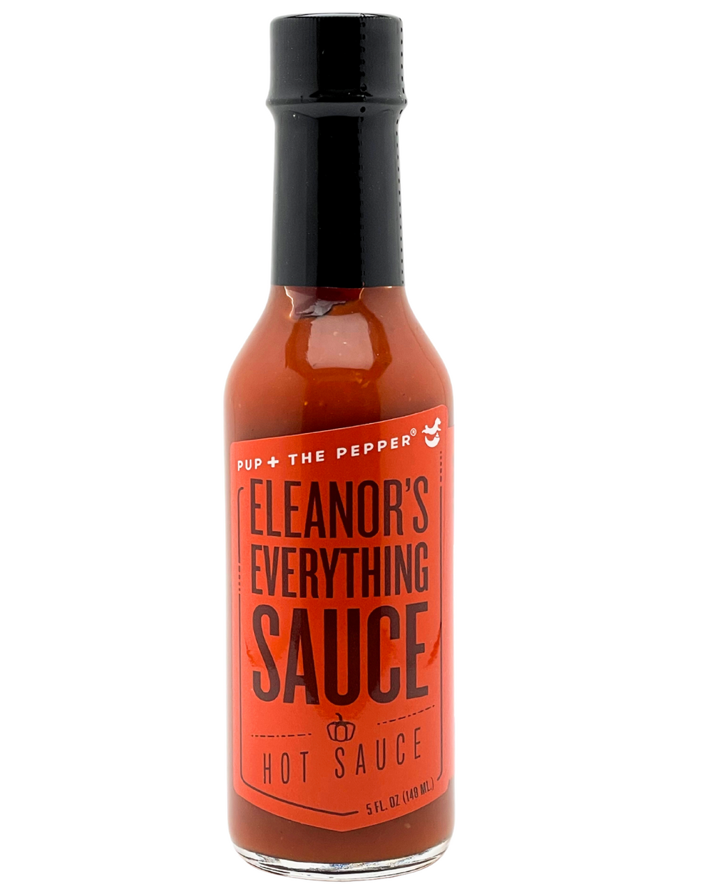 Pup & The Pepper Hot Sauce Bottle with Red Label Eleanor's Everything Sauce