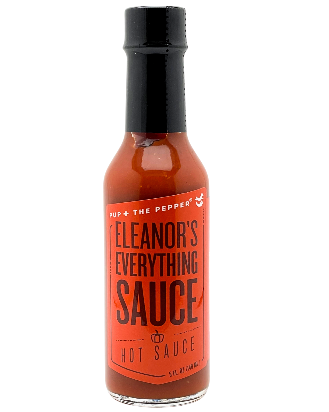 Pup & The Pepper Hot Sauce Bottle with Red Label Eleanor's Everything Sauce